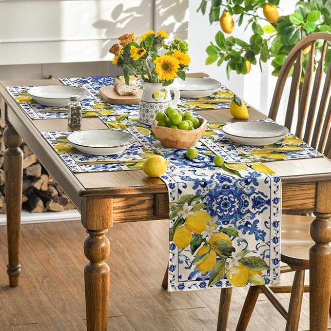 Artoid Mode Lemon Blue and White Porcelain Summer Placemats Set of 4, 12x18 Inch Vanilla Holiday Table Mats for Party Kitchen Dining Decoration