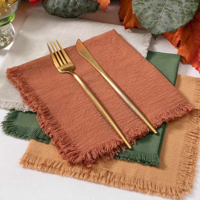 DeZerlor 12 Pack Thanksgiving Color Cotton Linen Napkins with Fringe Fall Napkins Cloth Set of 12 Boho Napkins Handmade Dinner Napkins Bulk for Wedding Thanksgiving Dining Table, 17 x 17