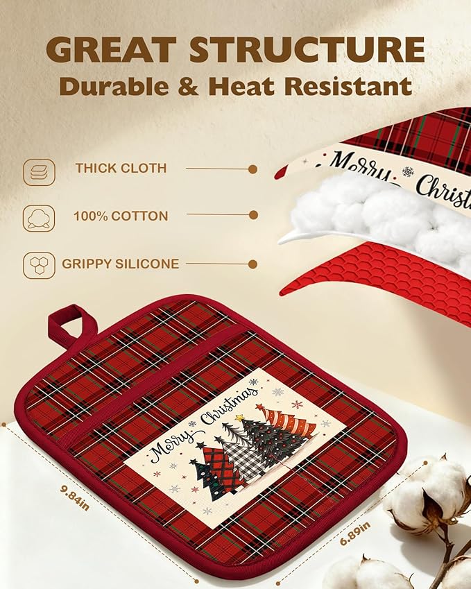 Slohif Silcone Christmas Pot Holders for Kitchen - 100% Cotton Red Cute Oven Potholders with Pockets, Heat Resistant Square Thick Hot Pads, House New Home Baking Baker Gifts,2pack
