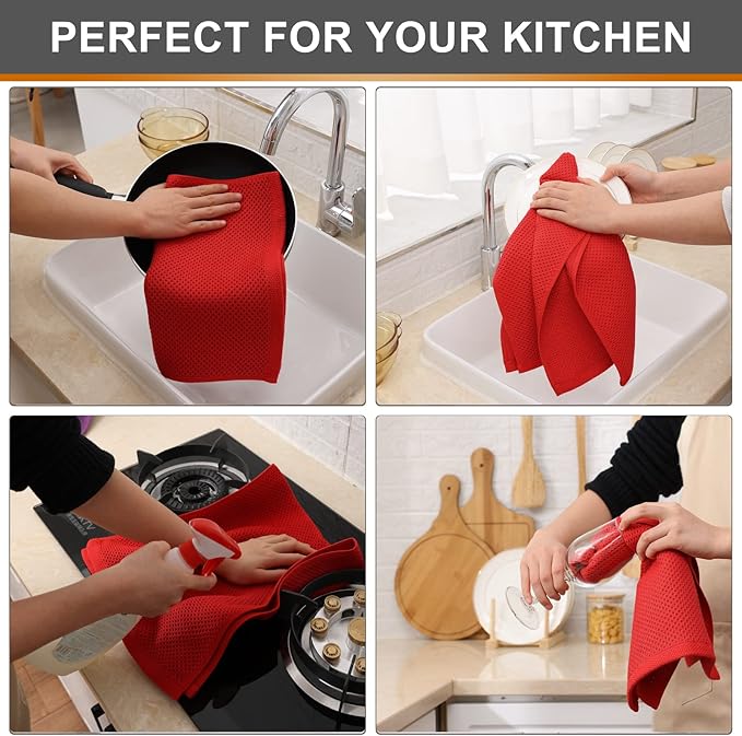 Kitinjoy 100% Cotton Waffle Weave Kitchen Hand Towels (13 x 28 Inches, Red), 4-Pack Super Soft and Absorbent Dish Towels for Drying Dishes