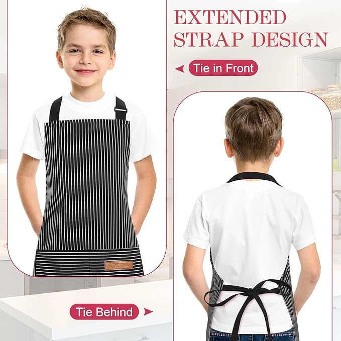 3 Pack Stripes Kids Apron, Adjustable Kids Cooking Aprons with 2 Pockets, Cute Chef Baking Aprons for Boys and Girls