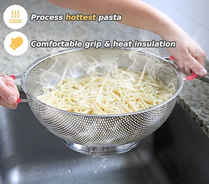 5-Quart Colander 18/8 Stainless Steel Colander Silicone Handle Large Heavy Duty Professional Kitchen Strainer Great For Pasta, Berry, Veggies, Noodles, Fruits - Pink
