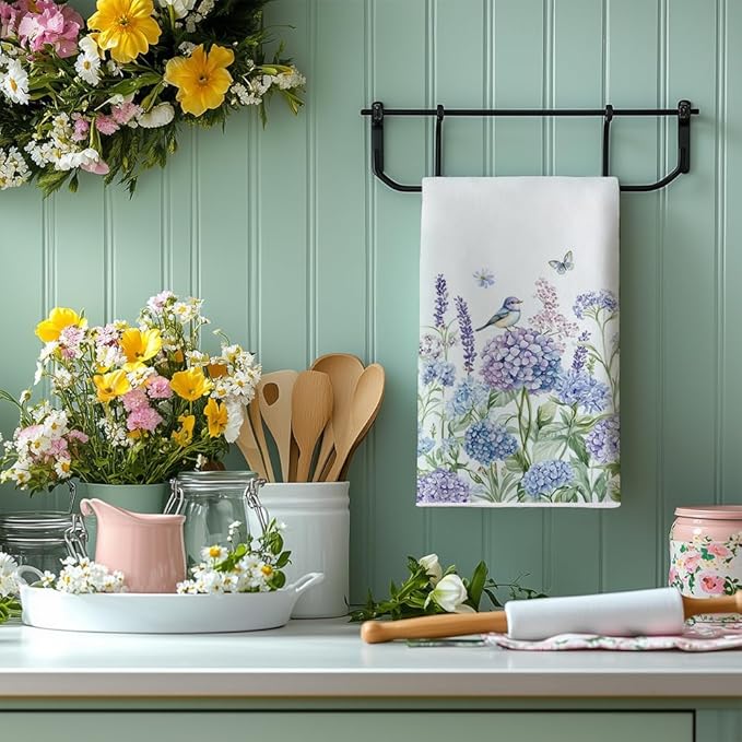 Purple Hydrangea Spring Kitchen Towels Set of 2,Bird Floral Dish Hand Towels Farmhouse Indoor Outdoor Holiday Seasonal Decorations DD089