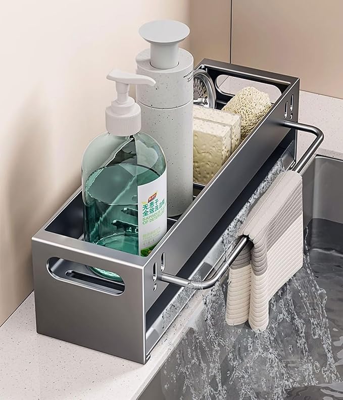 Kitchen Sink Caddy Organizer - Stainless Steel Dish Soap Brush Holder Countertop Sink Organizer for Kitchen Organizers and Storage (GreyLarge)