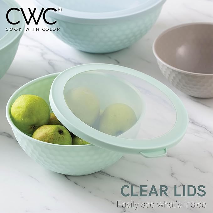 COOK WITH COLOR Mixing Bowls with Lids - 12 Piece Plastic Nesting Bowls Set includes 6 Prep Bowls and 6 Lids, Microwave Safe Mixing Bowl Set, Mint Embossed