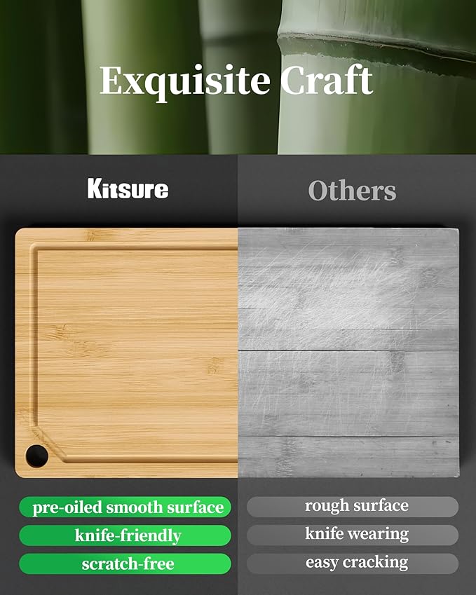 Kitchen Cutting Board Set - 3-Piece Wooden Cutting Boards for Kitchen with Juice Groove, Handles, Hang Holes, Stylish Kitchen Essentials for Chpping & Serving, Natural, 0.4"Th - (L+M+S)