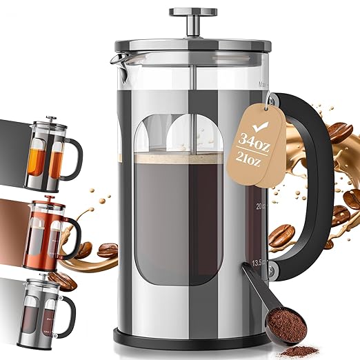 Veken French Press Coffee Maker 34oz 1 L, No Plastic Touching Cafe, Heat Resistant Thickened Borosilicate Glass, Stainless Steel Brewer, Cold Brew Cafetera Teapot for Kitchen Travel Camping, Silver
