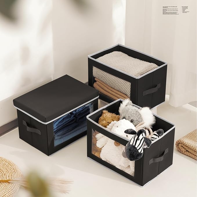 Homsorout Stackable Storage Bins with Lids - Medium Storage Box with Lids, Foldable Closet Boxes for Organizing, Wardrobe Clothes Organizer with Window, Cubes Bins for Living Room, 5 Pack, Black