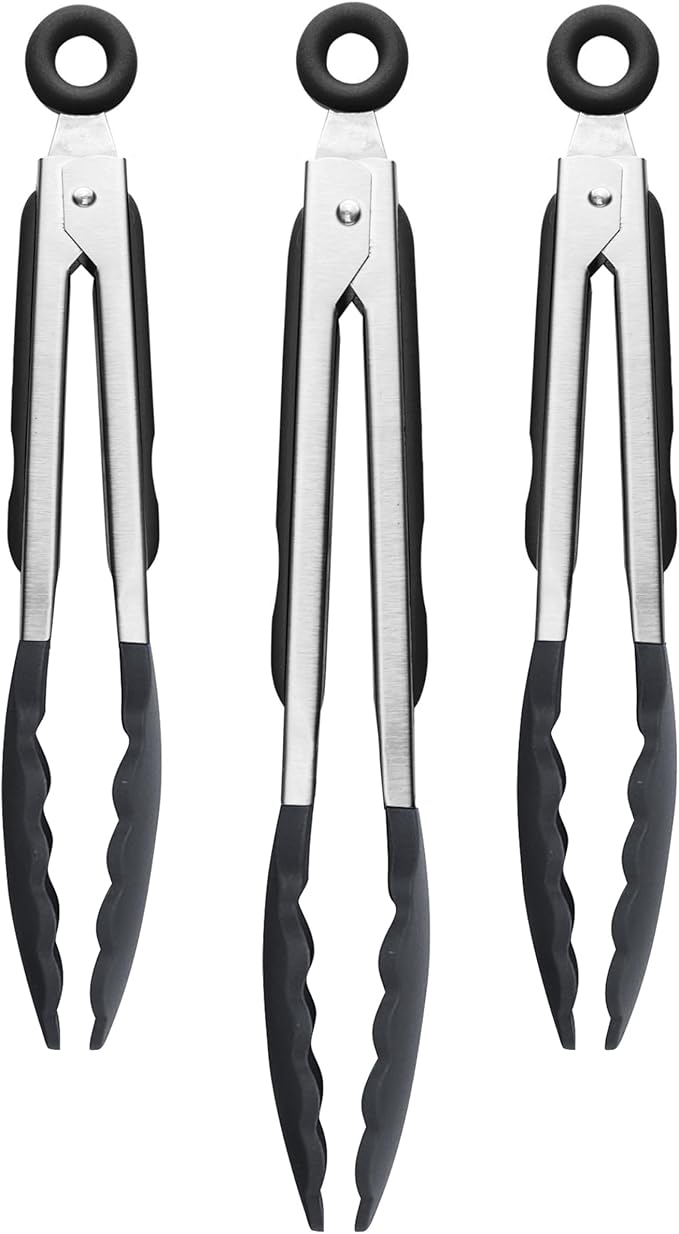 Tovolo Stainless Steel Tongs with Silicone Tips 9” 9” 12 Inch Black Heat Resistant Kitchen Tongs for Cooking Grilling Air Fryer, Stainless Steel Dishwasher Safe Metal Tongs BPA Free Set of 3