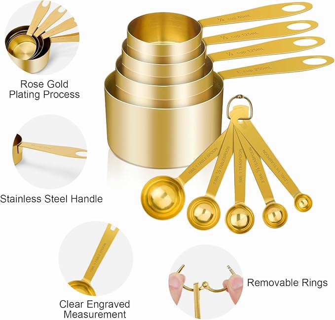 GuDoQi 9pcs 304 Stainless Steel Measuring Cups & Spoons, Stackable Long Handle Fits Narrow Jars, Golden Finish, Metric & US Measures for Dry/Liquid Ingredients, Rust-Proof for Baking & Cooking