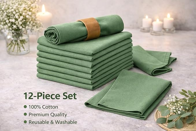 Marubhumi Cotton Cloth Dinner Napkins Set of 12, 18x18 Natural Premium Quality Mitered Corners Cotton Blend Wedding and Cocktail Napkins, Machine Washable (Green)