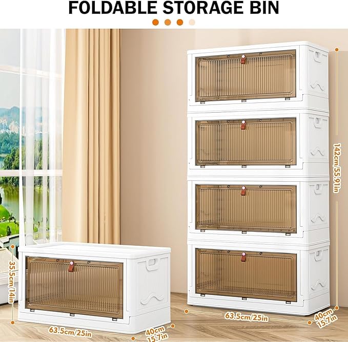 YFXCVSL 4 Tier Storage Bins with Lids 102QT, Stackable Storage Containers with Wheels, Folding Boxes, Extra Large Collapsible Bins, White