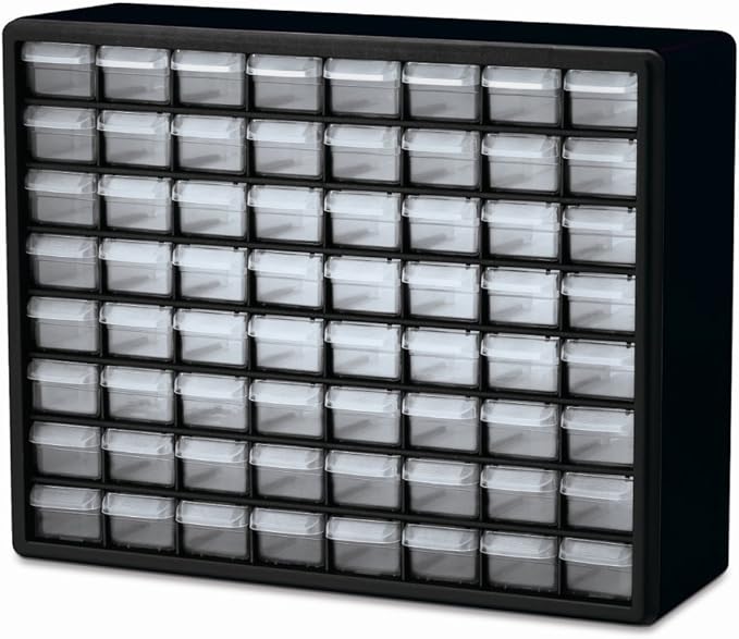 Akro-Mils 64-Drawer Plastic Drawer Storage Cabinet for Garage Organization, Bead Organizer, Building Bricks Storage, Teacher Toolbox, Makeup Organizer, 20" W x 6" D x 16" H, 10764 Black