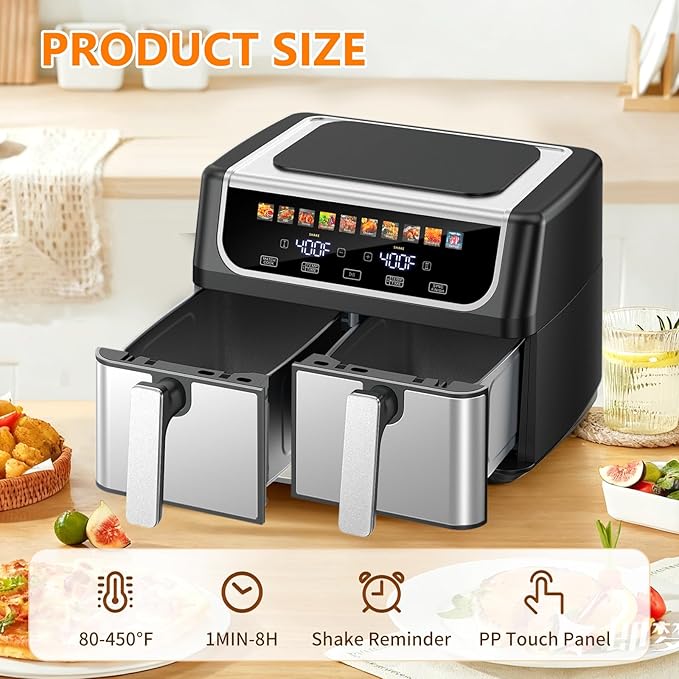 OLIXIS Dual Basket Air Fryer, 9.5 Quart Large Air Fryer with Double Basket, Independent TEMP Control, Sync Setting, Shake Reminder, 10 Presets for Bake, Broil, Defrost, Dehydrate, Black