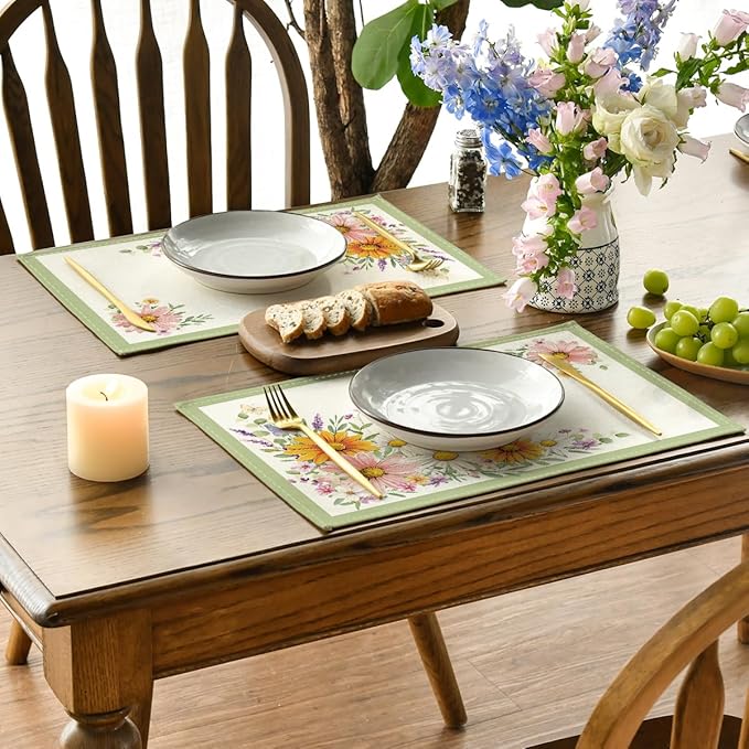 Artoid Mode Green Sunflowers Butterfly Spring Placemats Set of 4, 12x18 Inch Seasonal Summer Holiday Table Mats for Party Kitchen Dining Decoration