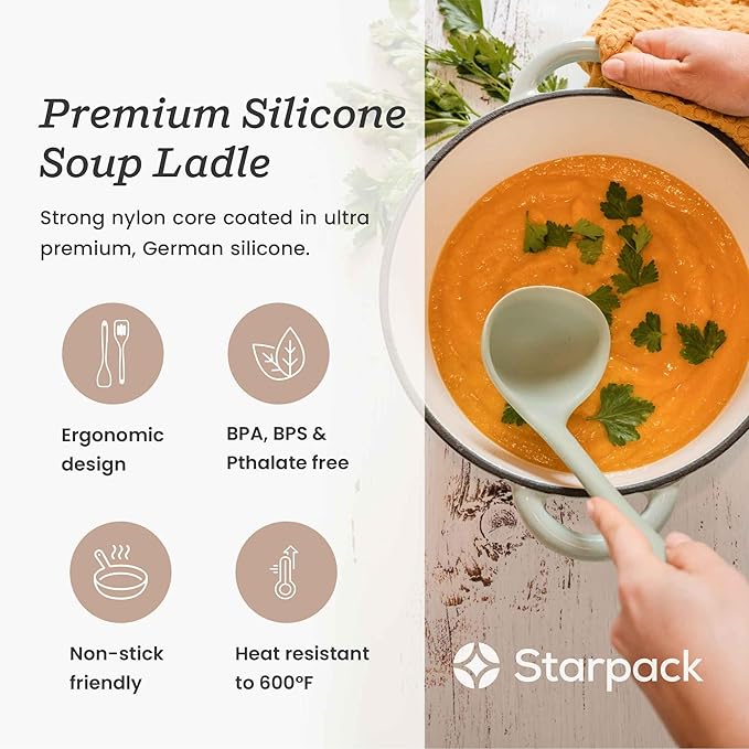 Starpack 'Ladle of Love' Premium Silicone Ladle - High Heat Resistant to 600F - Non Stick Silicone Spoon for Serving - LFGB Grade Rubber