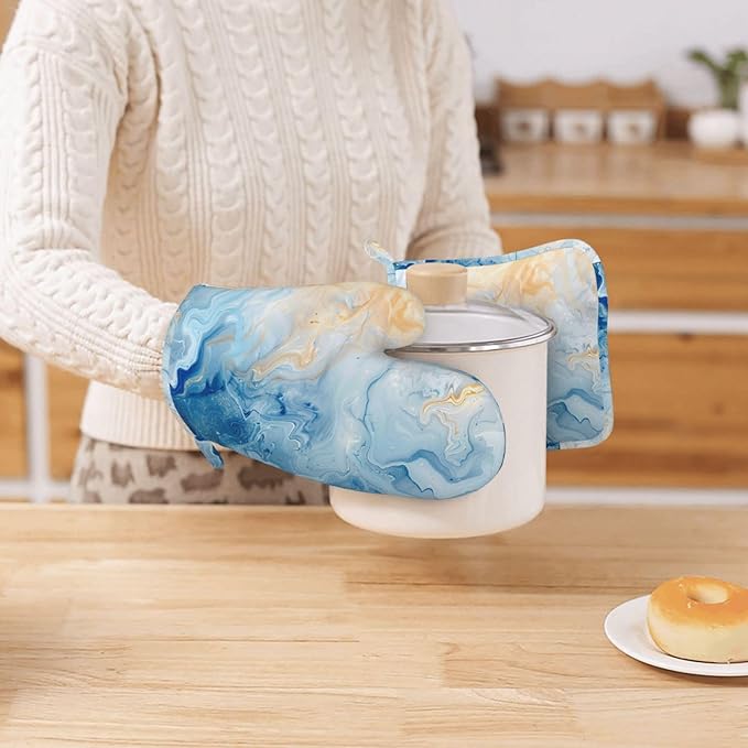 Oven Mitts and Pot Holders Blue Marble Pastel Silicone Kitchen Accessories Set of 2 Heat Resistant Long Gloves Potholder Non-Slip Grip for Chef Cooking Baking Grilling BBQ