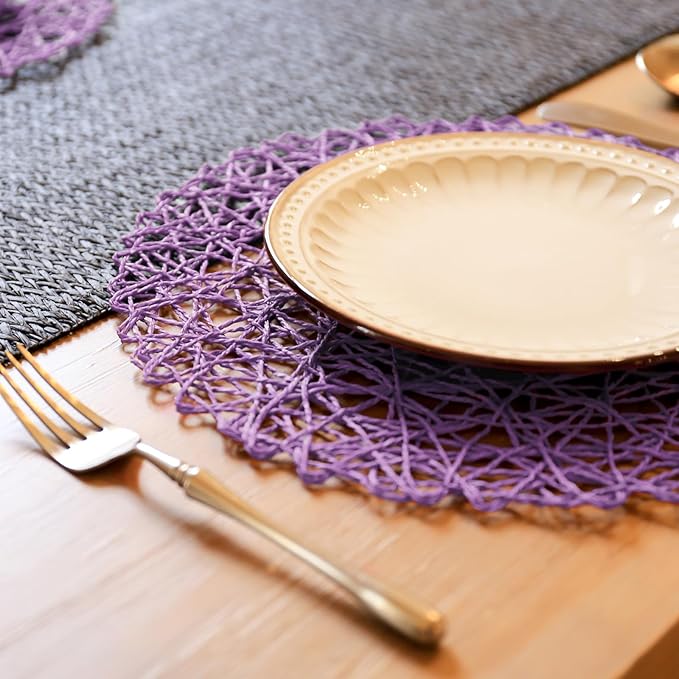 AHHFSMEI Paper Braided Round Placemats Set of 8 Natural Non-Slip Heat Resistant Table Mats for Dining Tables Woven Indoor Outdoor Place mats(Purple,8)