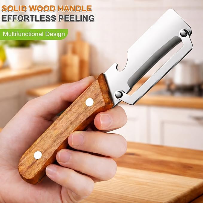 Multi Functional Vegetable Peeler with Wooden Handle and Bottle Opener, Stainless Steel Kitchen Peeler Tool for Potato Carrot Pumpkin Papaya, Premium Single Blade Food Peelers (1pcs)