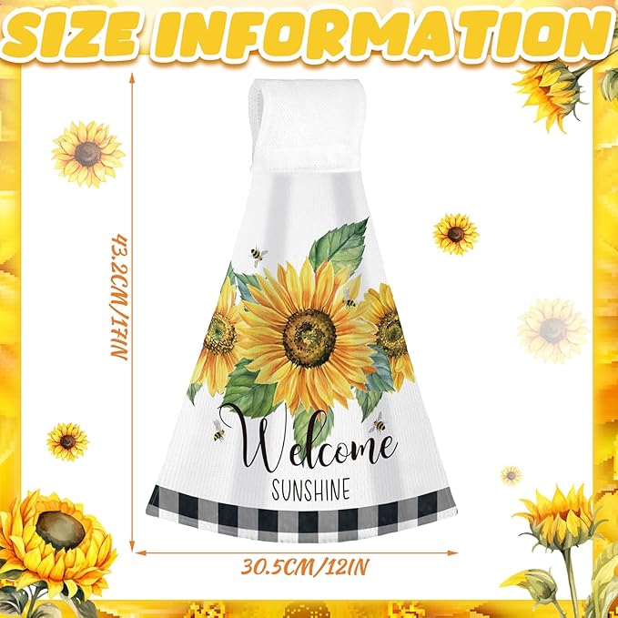 Tegeme 6 Pcs Hanging Kitchen Towels with Loop, Absorbent Hand Tie Towels Microfiber Decorative Fast Drying Kitchen Hanging Towel for Home Bathroom(Sunflower)
