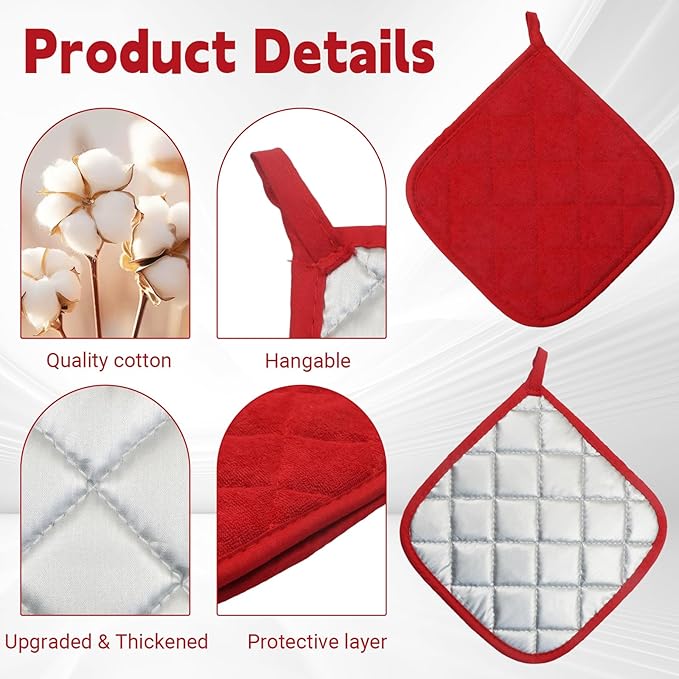 4 Pcs Quilted Pot Holder, Cotton Heat Resistant Hot Pads for Kitchen, Countertops, Oven Pot Holders (Red)