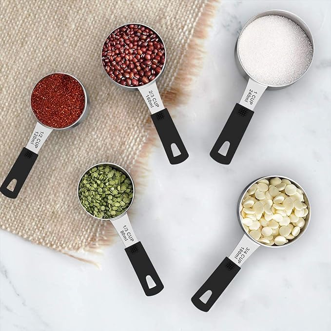Measuring Cups & Spoons Set of 18 - Wildone Stainless Steel Nesting Measuring Cups 8 Piece and 9 Measuring Spoons, 1 Leveler, Ideal for Dry and Liquid Ingredients (Black)