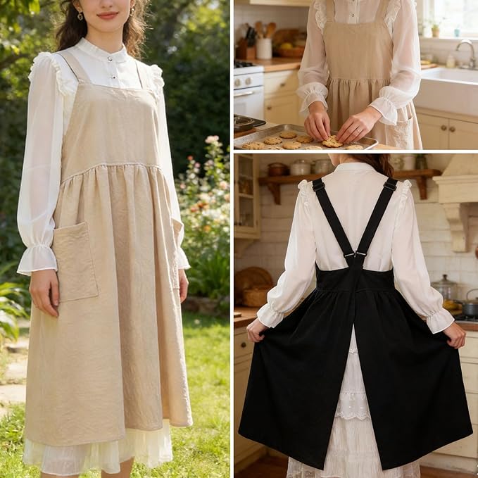 Uaussi Cotton Linen Apron Cross Back Work Apron for Women with Pockets Pinafore Dress X Cross Halter Apron for Chef Gardening