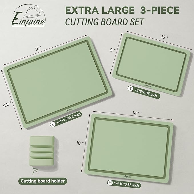 Empune Plastic Cutting Board Set, Recycled Plastic Cutting Boards for Kitchen (Set of 3), Dishwasher Safe Large Chopping Board with Holder, Non-slip Feet and Juice Grooves, Nonporous, Green