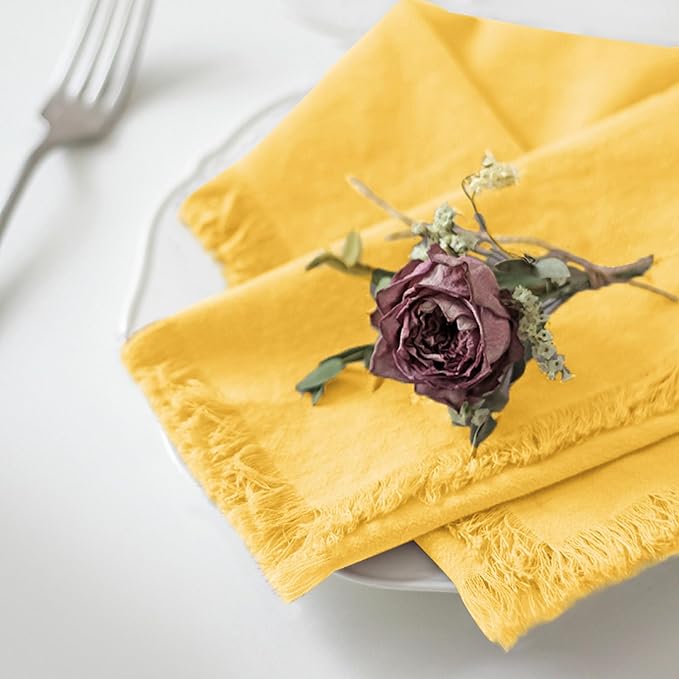 Handmade Cloth Napkins 100% Cotton Napkins with Fringe，Delicate Handmade Cloth Napkins for Dinners, Parties, Weddings and More，(18 x 18 Inch Set of 12) - Yellow