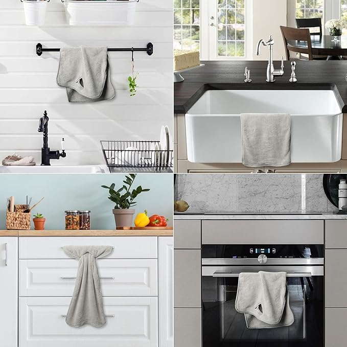 R HORSE 4Pcs Grey Hand Towels with Hanging Loops, Absorbent Coral Fleece Gray Kitchen Cleaning Dishcloth Soft Thick Oven Dish Cloth Dry Hanging Hand Towel for Kitchen Bathroom