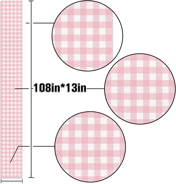 Pink Gingham Party Supplies Light Pink and White Checkered Table Runner Easter Baby Shower BBQ Picnic Home Kitchen Island Decor (Pink, 13" x 108")