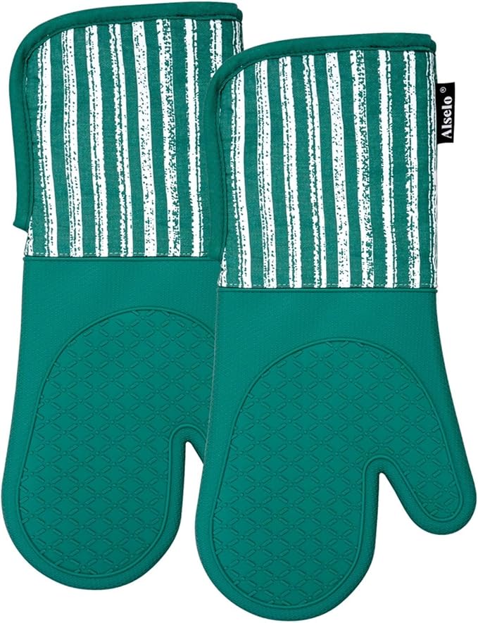 Alselo Silicone Oven Mitts Heat Resistant 932℉ with Waterproof & Non-Slip Kitchen Mittens, Set of 2 Extra Long Oven Gloves with Soft Cotton Terry Lining for Baking Cooking Barbecue (Emerald Green, 2)