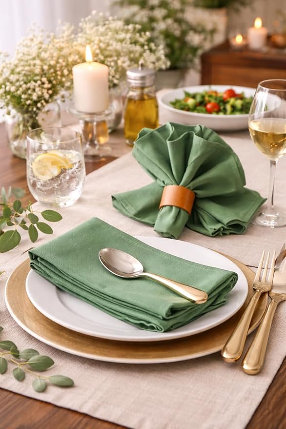 Marubhumi Cotton Cloth Dinner Napkins Set of 12, 18x18 Natural Premium Quality Mitered Corners Cotton Blend Wedding and Cocktail Napkins, Machine Washable (Green)