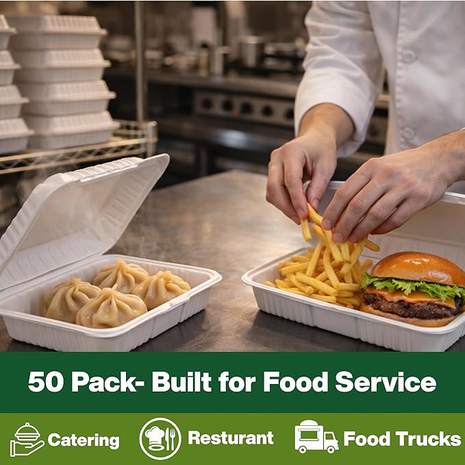 Compostable 9x6 Clamshell Take Out Food Containers [50-Pack] - Biodegradable Sugarcane To Go Boxes - Paper Food Container - Microwave & Freezer Safe, Stackable - White