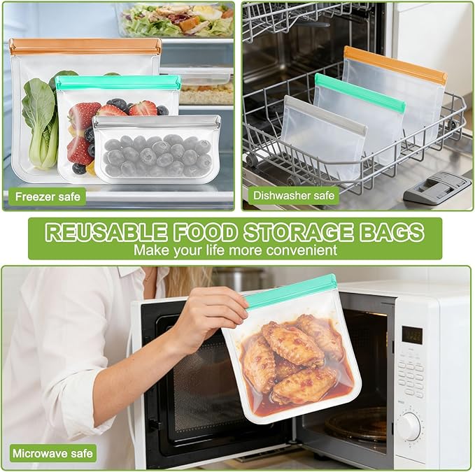 24 Pack Silicone Bags for Food Storage,Reusable Silicone Food Storage Bags,Freezer, Microwave & Dishwasher Safe,Reusable Freezer Food Bags, Leakproof-8 Gallon 8 Snack 8 Sandwich Bags,Grey