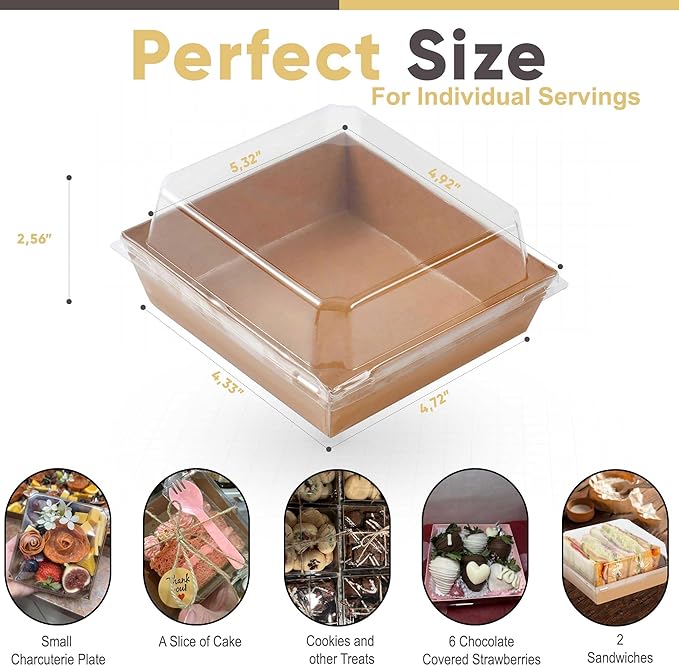 Leafiew 50 Pack Small Charcuterie Boxes with Clear Lids - To Go Paper Mini Charcuterie Box, Disposable Food Containers, 5Inch Dessert Boxes - Sandwich, Cookie, Sushi, Cake Slice, Strawberries (Brown)