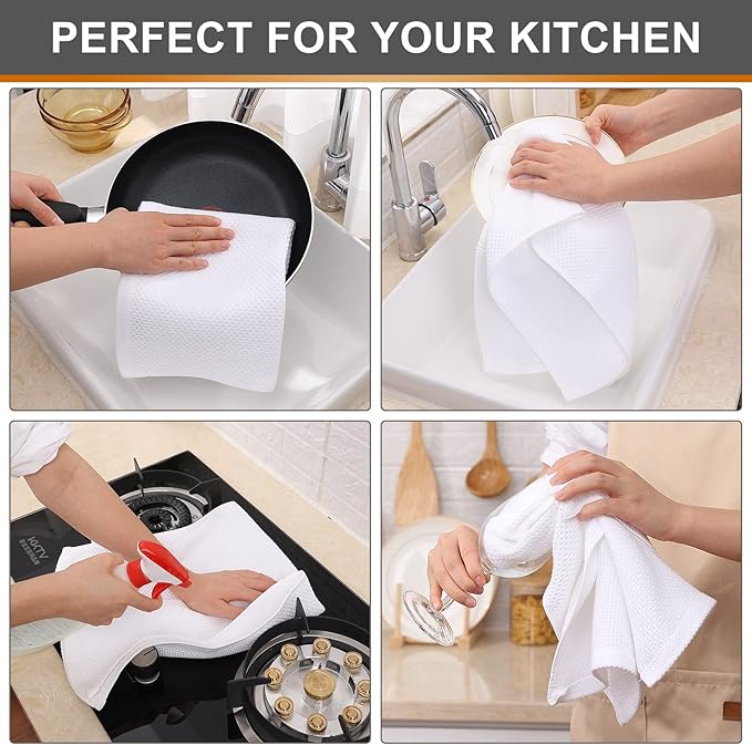 Kitinjoy 100% Cotton Waffle Weave Kitchen Hand Towels (13 x 28 Inches, White), 4-Pack Super Soft and Absorbent Dish Towels for Drying Dishes