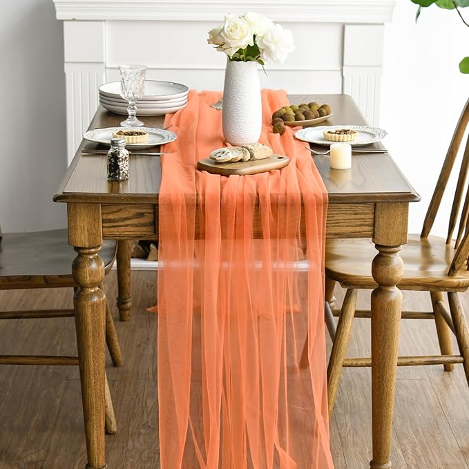 Artoid Mode 6PCS Orange Gauze Table Runner 120 Inch 10FT, Seasonal Sheer Kitchen Dining Holiday Wedding Birthday Baby Shower Table Decor for Home Party