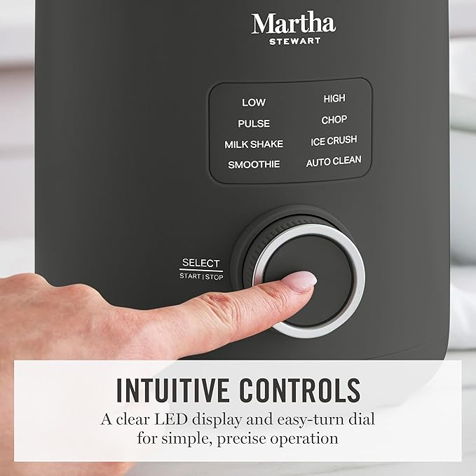 Martha Stewart Countertop Blender, 50oz Jar, 6 Stainless Steel Blades 3 Speeds & 5 Presets, Auto Clean, Smoothies, Crush Ice, Shakes, Chop, Margarita, Measurement Markings, 700W, Caviar Gray