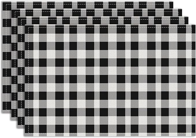 Black and White Placemats Set of 4, Buffalo Plaid Linen Placemats 12x18 Inch, Washable Heat Resistant Wipeable Table Mats for Outdoor Home Party Kitchen Dining Table,Black and White Linen Place mats