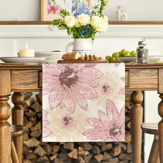 Artoid Mode Pink Retro Daisy Spring Table Runner, Seasonal Vintage Kitchen Dining Table Decoration for Home Party Decor 13x72 Inch
