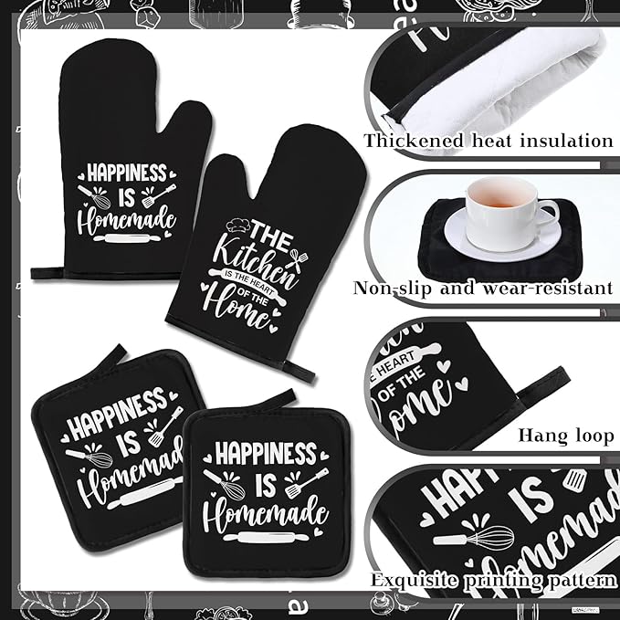 12 Pcs Farmhouse Kitchen Decor and Accessories Sets 4 Black Kitchen Towels 4 Absorbent Dishcloths 2 Pot Holders 2 Oven Mitts Gloves for Home Decorations Mom Gifts