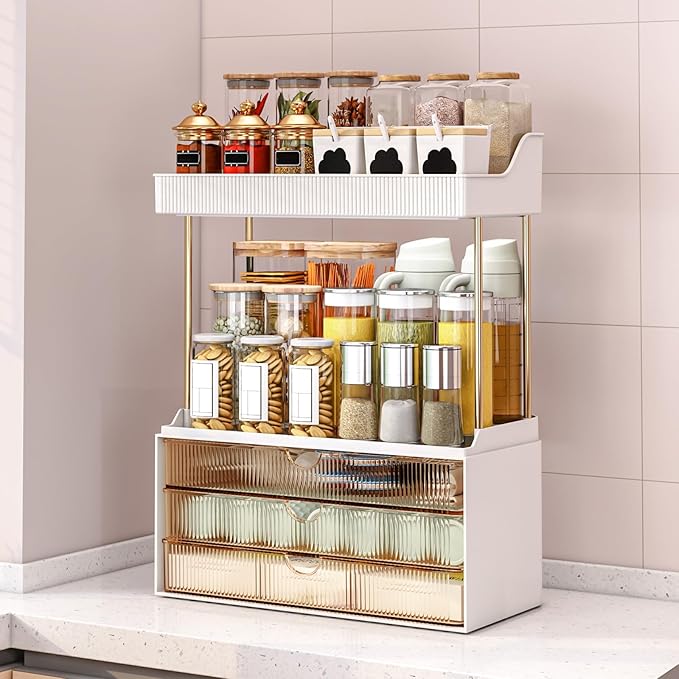caktraie 2 Pack Bathroom Organizers and Storage - 3 Drawers 2 Tier Makeup Organizer, Cosmetic Storage Drawer for Dresser Countertop and Bathroom Vanity for Large Skincare, Perfume, Amber