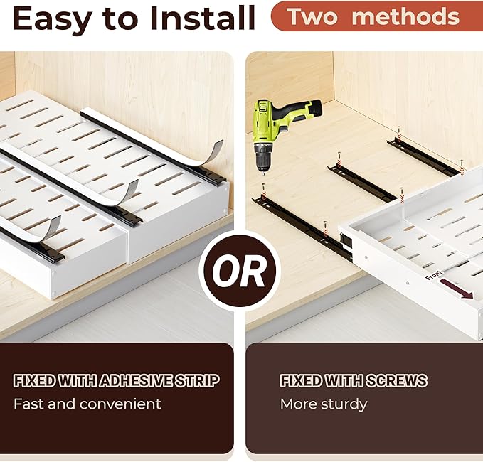 2 Pcs Pull Out Cabinet Organizers, Width (12"-19") and Depth (17"-23") Expandable With 3 Slides, No Drill Slide out Drawers Adhesive Film or Nail Cabinets Without Lip in Kitchen, Bathroom