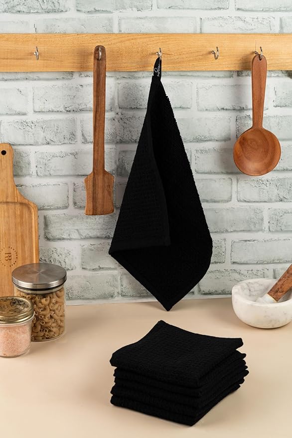 Kitchen Dish Wash Cloths Waffle Terry Design DishCloths12x12 in Pk of 4 & Dish Towels 13x28 in Pk of 4|Cotton Dish Rags for Drying Dishes|Counter Top |Spring Easter Basket Decor|Black