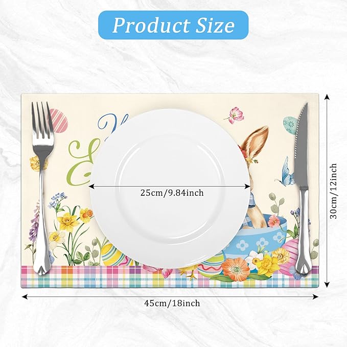 comfoyar Easter Bunny Egg Placemats Set of 4, 12x18 Inch Non-Slip Linen Flower Chick Place Mats, Washable Absorbent Table Mats for Kitchen Dining Party Table Decoration