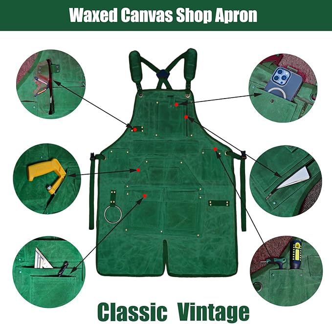 20-Pocket Heavy-Duty Waxed Canvas Work Apron – Fully Adjustable, Vintage Style Tool Organizer