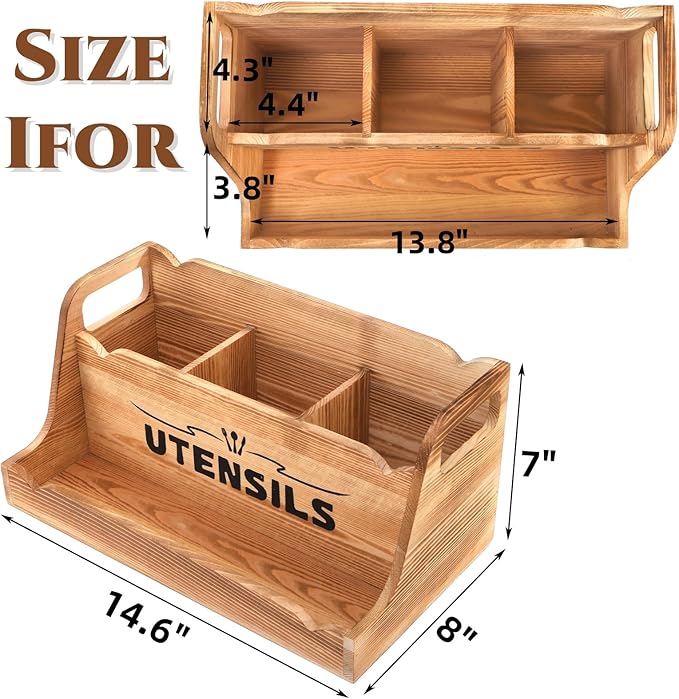 Noamus 15" Kitchen Utensil Holder with Spice Bottles Tray, Extra Large Wood Countertop Utensil Organizer with Handles, 4 Compartment Cooking Tool Storage Caddy for Home Decor Gift