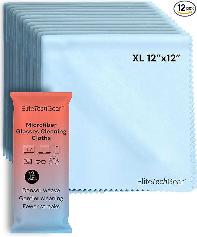 Elite Screens Microfiber Cleaning Cloth - 12-Pack, 12" x 12", Blue - Oversized Eyeglass Cleaning Cloth - Quick-Dry Reusable Glasses Wipes - Portable Pocket Lens Wipes