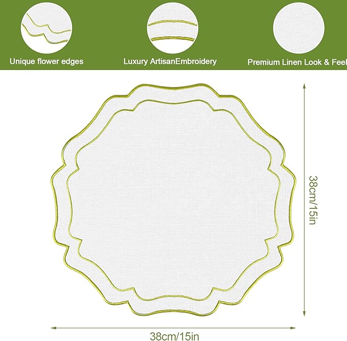 4 Sets Ribbon Twirl Cotton Linen Placemats, 15 inch Embroidery Round Cloth Table Mats with Green Scalloped Edge Washable Fabric Place Mats Flower Shape for Wedding Baby Shower Party Table Decor